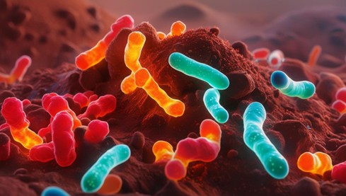 a graphic of cylindrical bacteria bacteria in various colors on a dirt like surface