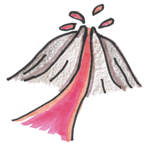 a drawing of a volcano with lava erupting and flowing down the front