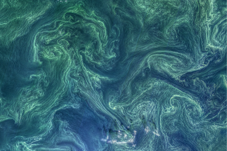 blue and green swirls in the ocean from high above