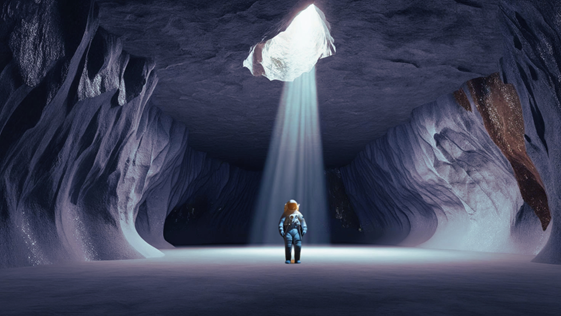 an astronaut stands in a underground cavern with sunlight shining on them through a hole in the ceiling