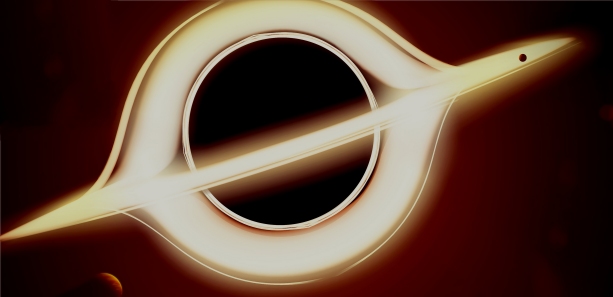 An artist's rendition of a black hole. A black circle on a dark red background with bright disks of light circling it horizontally and vertically